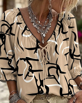 Blouse Imprimé Abstrait Col En V Lacets