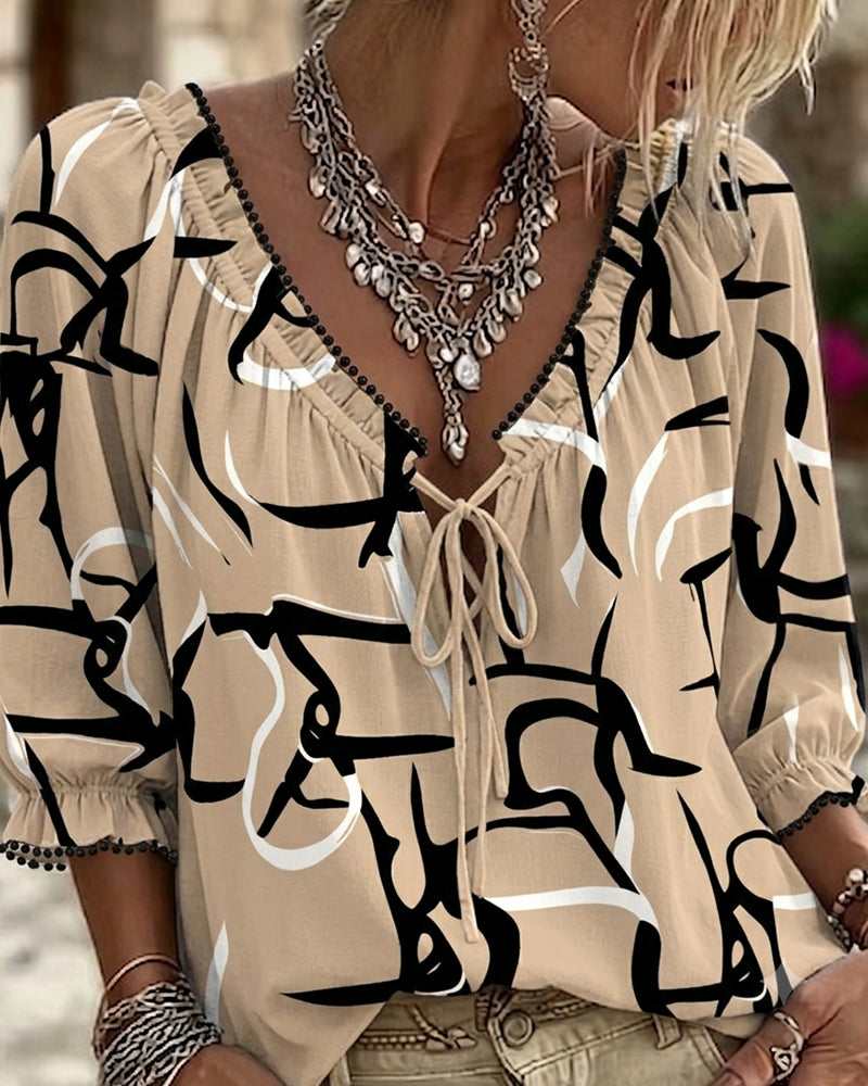 Blouse Imprimé Abstrait Col En V Lacets
