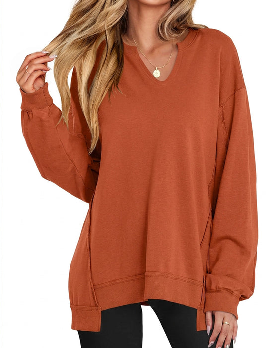 Sweat Petit Col V Ample Décontracté Manches Longue