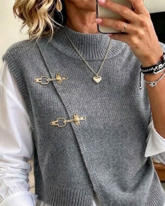 Ensemble Demi Col Roulé Diagonal Boutonné Pull Gilet