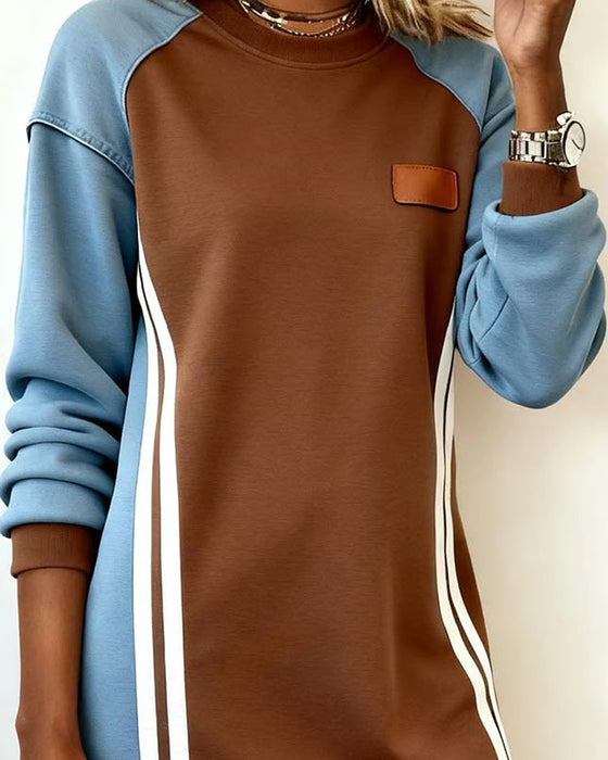 Robe Manches Longues Panachage Col Rond Droit