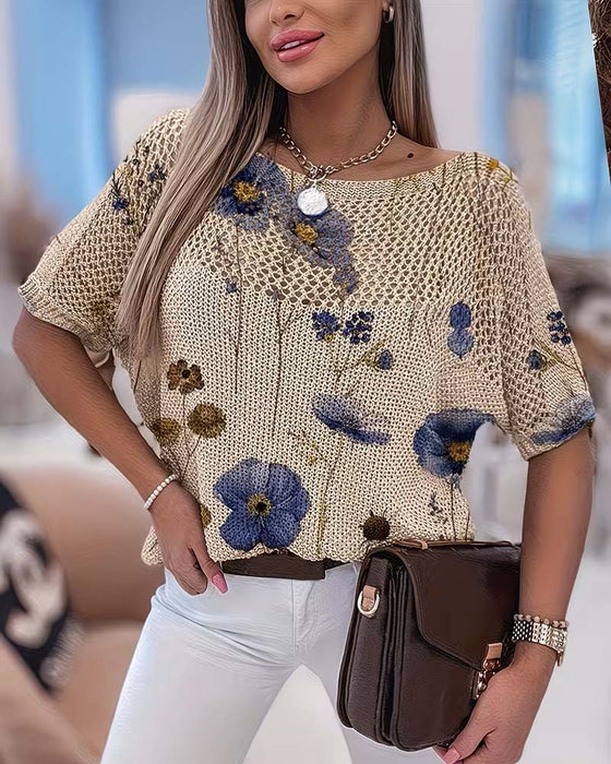 Pullover Col Rond Fleuri Évidé Lâche