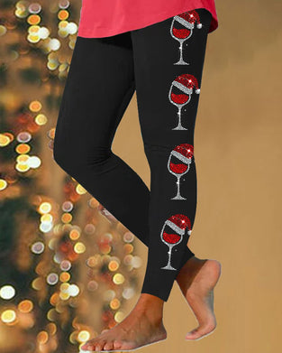 Legging brillant à imprimé verre de vin joyeux noël pour femme