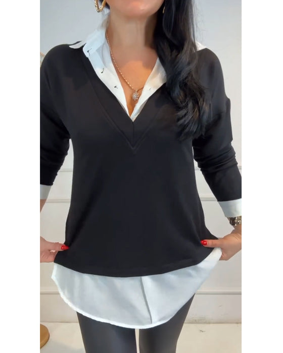 Haut Noir Et Blanc Patchwork Col