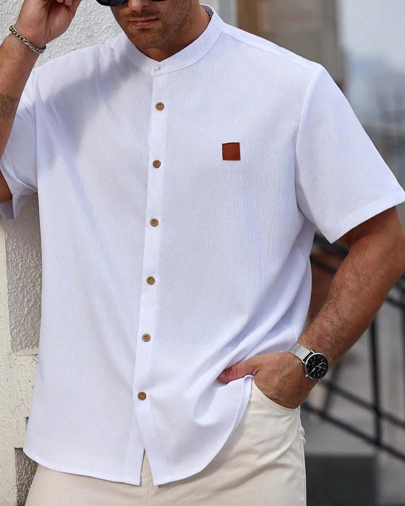 Chemise Texturée Col Montant Manche Courte