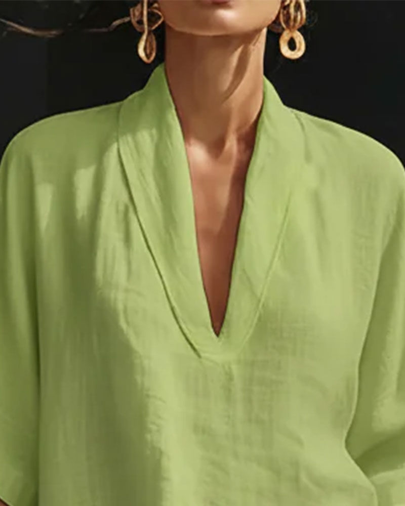 Ensemble Col V Court Manche Coton Lin