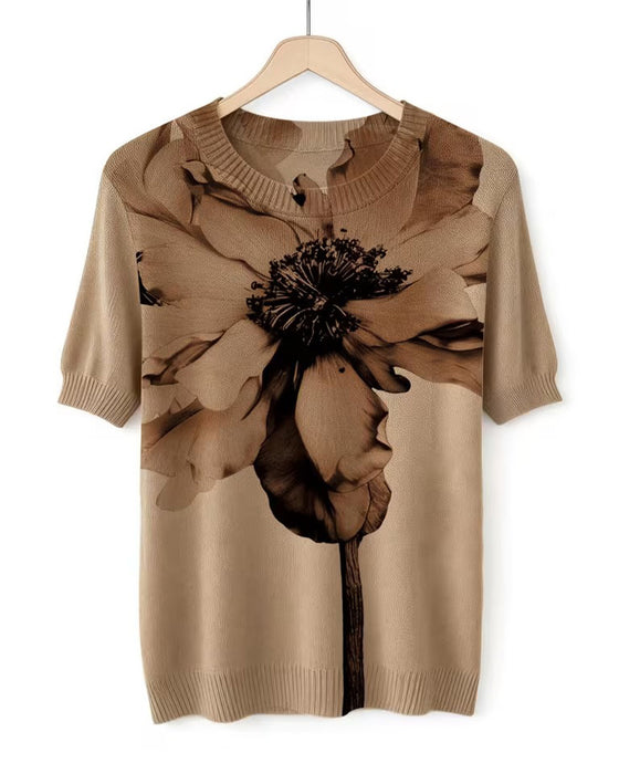 Pull-Over Motif Fleuri Tissé Manches Courtes