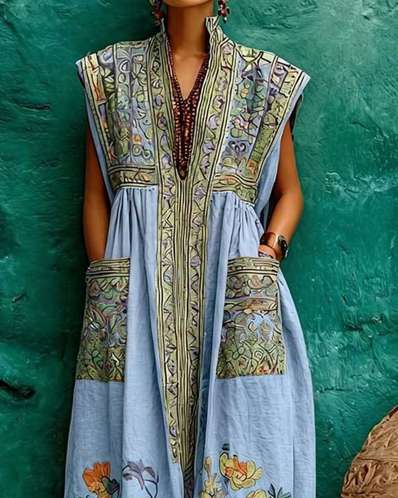 Robe Rétro Imprimé Poche Sans Manches Longue