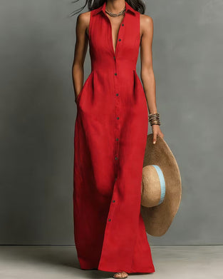 Robe Sans Manches Col Chemise Maxi