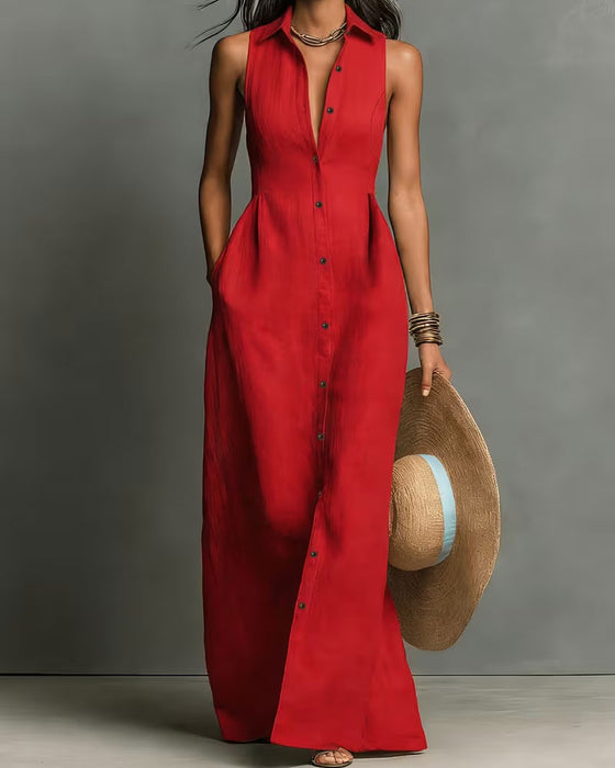 Robe Sans Manches Col Chemise Maxi
