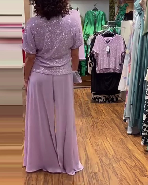 Blouse ample à sequins et manches courtes à col en V