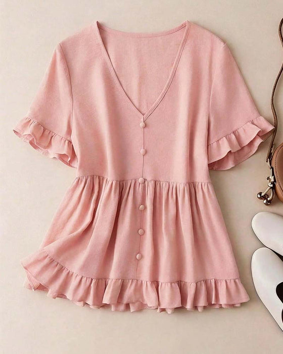 Blouse Col V Volant Perle Bouton