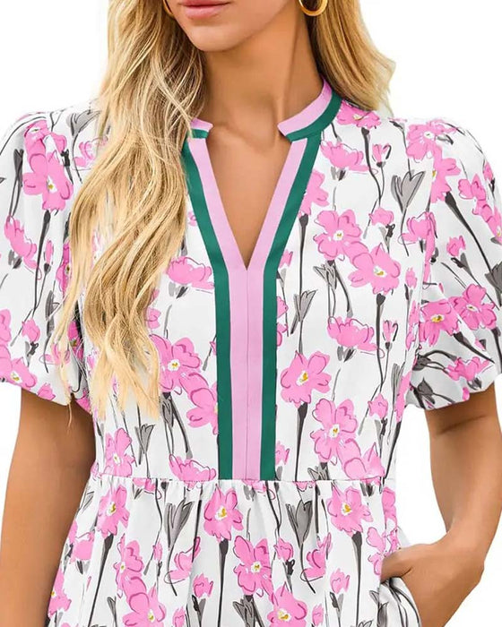 Robe Col V Floral Manche Ballon Patchwork