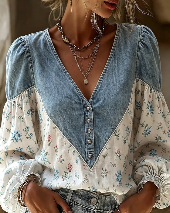 Blouse Col En V Imprimé Fleuri Manches Ballon Denim Panneau