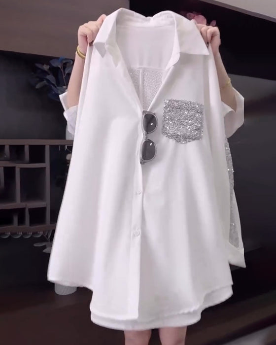 Chemise À Paillettes À Revers Et Manches Longues