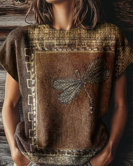 Pull-Over Imprimé Libellule Col Rond Manches Courtes