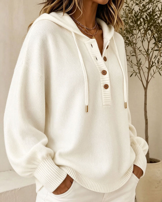 Pullover Capuche Bouton Manche Lanterne Cordon Pull