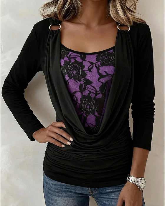 Haut Col Faux Anneau Métal Floral Fausse Deux-Pièces