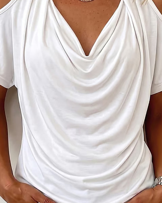 T-Shirt Halter Off-Shoulder Drapé Manche Courte