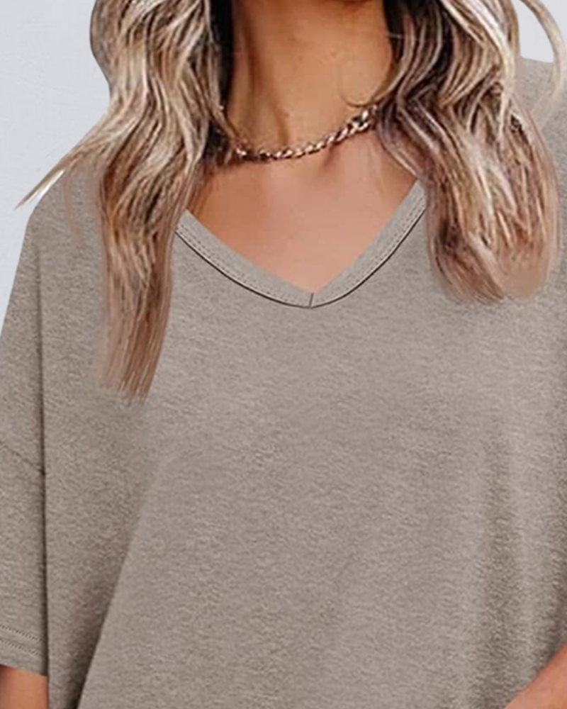 Blouse Unie Col En V Ourlet Patchwork