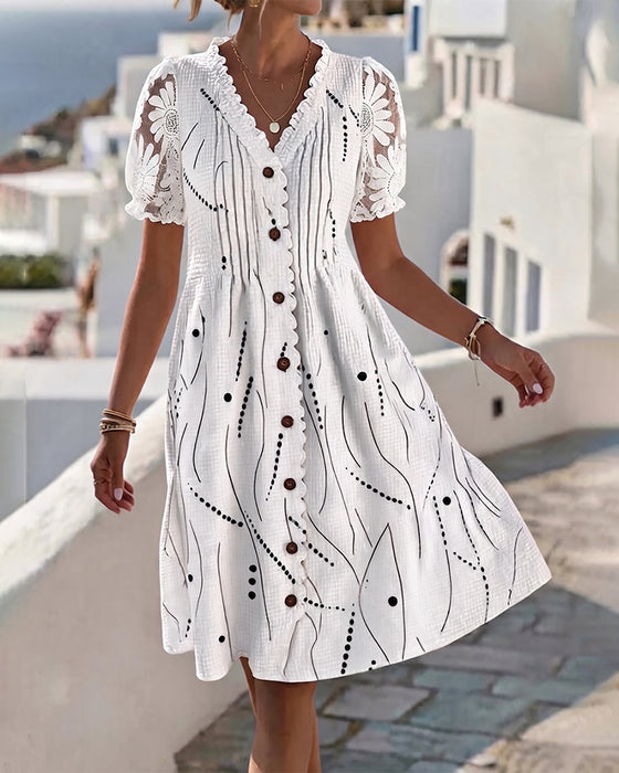Robe Manche Bouffante Dentelle Patchwork Imprimé