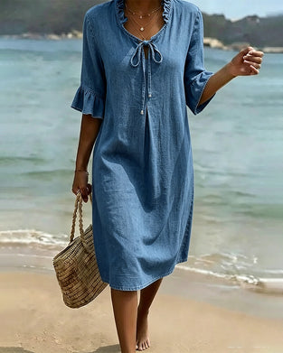 Robe Volant Nœud À La Taille Denim