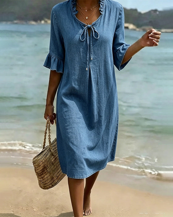 Robe Volant Nœud À La Taille Denim