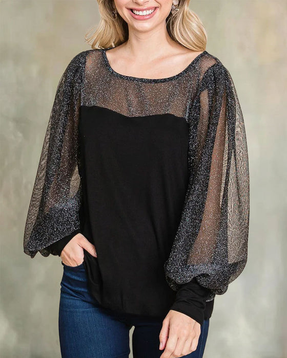 Blouse Sheer Manches Ballon Panneau Décontractée