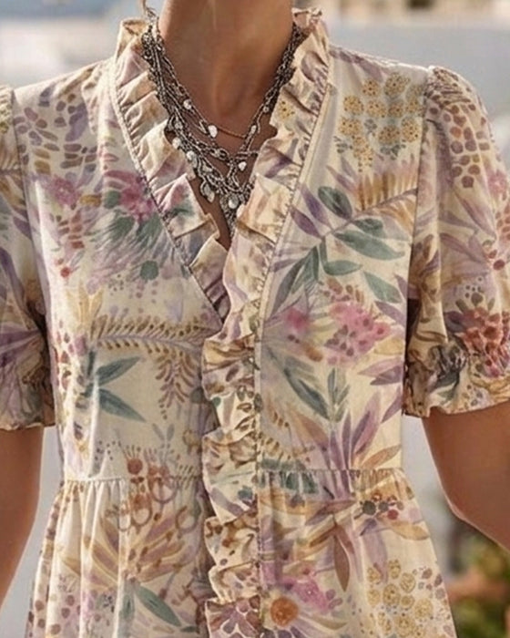 Robes Taille Cintrée Manche Bouffante Volant Floral