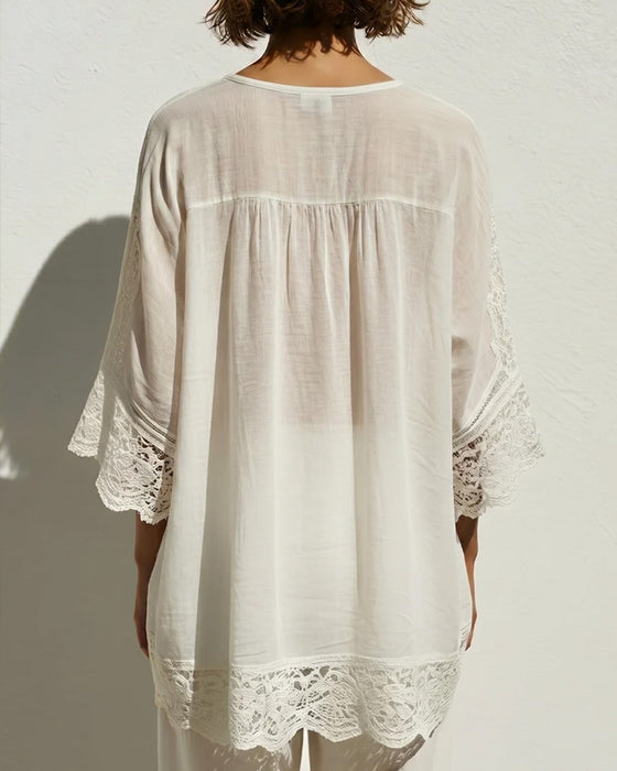 Blouse Unie À Col V En Dentelle