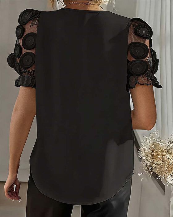 Blouse Manche Bouffante Mesh Col En V