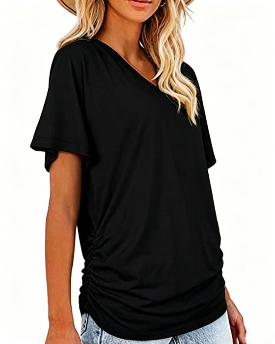 T-Shirt Plissé Uni Col En V