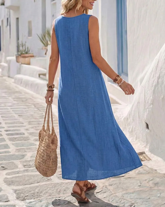 Robe Col Rond Sans Manches Froncée Jupe Ample