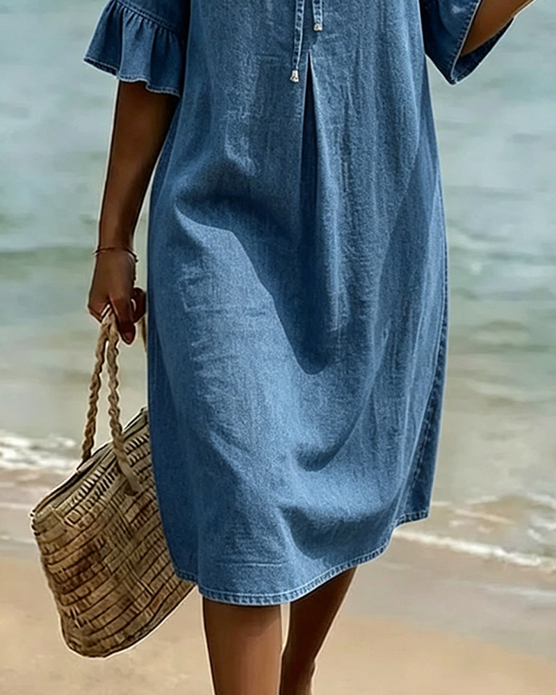 Robe Volant Nœud À La Taille Denim