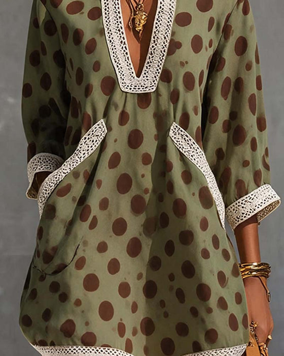 Robe Col V Polka Dot Poche