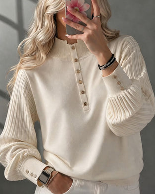 Pullover Col Roulé Bouton Côtelé Manches Bouffantes Pull