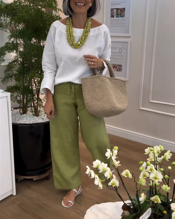 Pantalons à Jambes Larges de Style Casual, en Couleur Uni et avec Cordon de Serrage