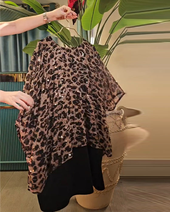 T-Shirt Imprimé Léopard À Paillettes Manches Chauve-Souris