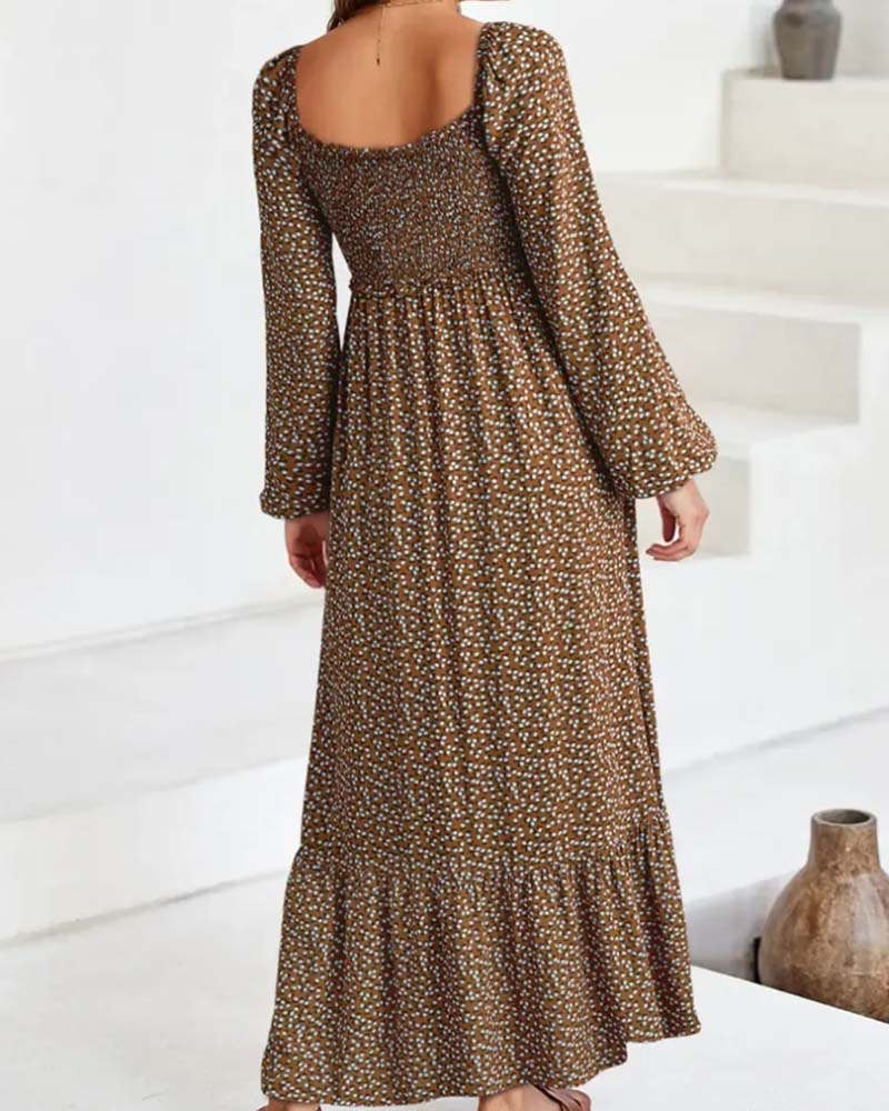 Robe Florale Col Carré Manche Longue Maxi