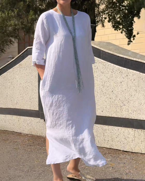 Robe Col Rond Unie Manche Coude Lâche