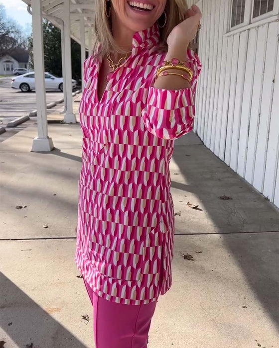 Haut imprimé à col montant et manches neuf-quarts