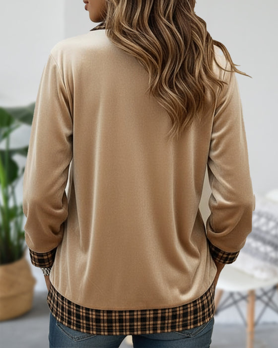 Sweat à Capuche Avec Design à Col Boutonné, Motif à Carreaux, Détail Patchwork Et Tissu En Velours