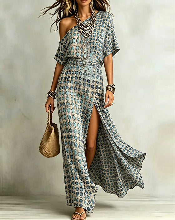 Robe Off-Épaule Polka Dot Fente