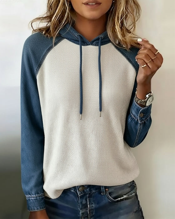 Sweat À Capuche Stylé Denim Tricoté Patchwork