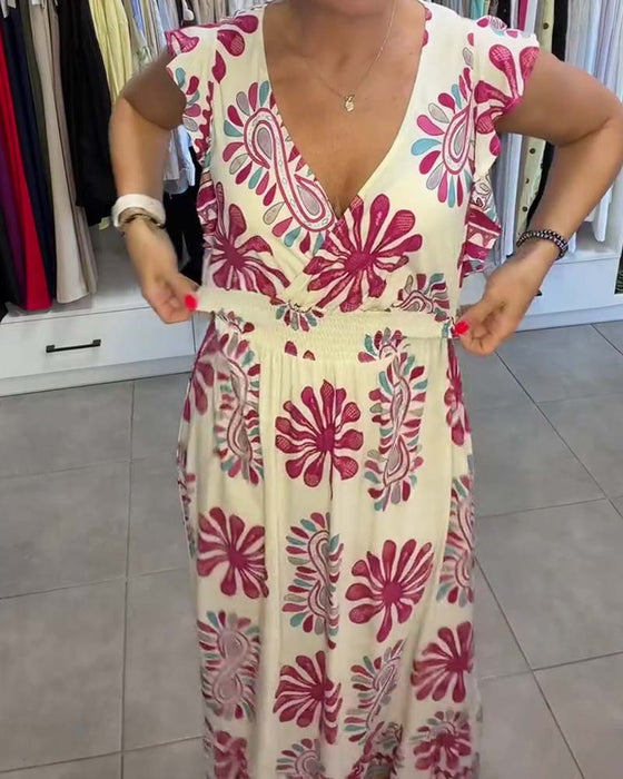 Robe Floral Taille-Serrée Manche-Volant Vacances Maxi