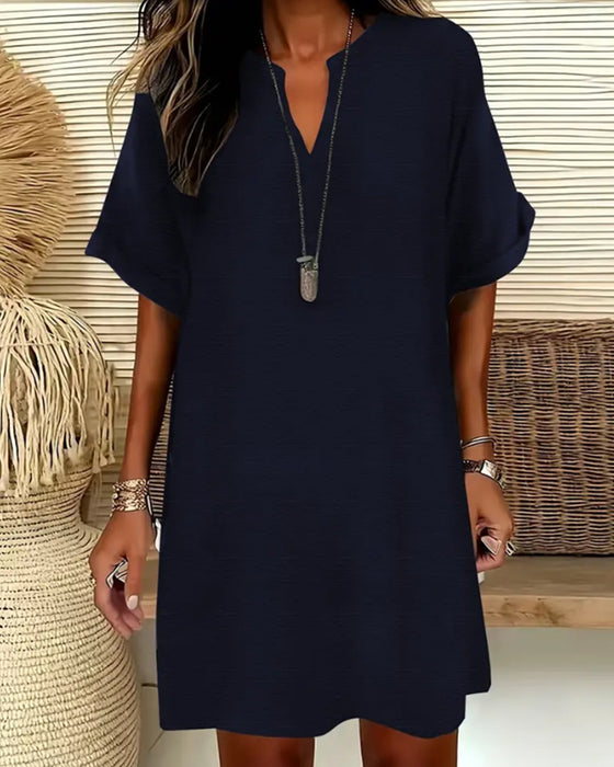 Robe Col En V Manches Courtes Unie Fourreau