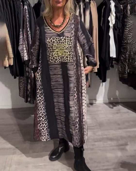 Robe décontractée col V imprimé léopard