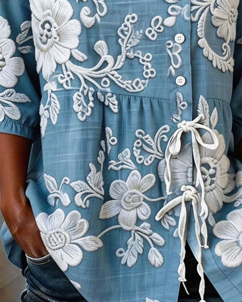 Blouse À Imprimé Floral Avec Laçage Et Demi-Patte De Boutonnage