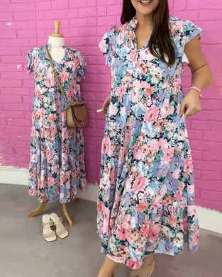 Robe décontractée à manches courtes et col en V à imprimé fleur