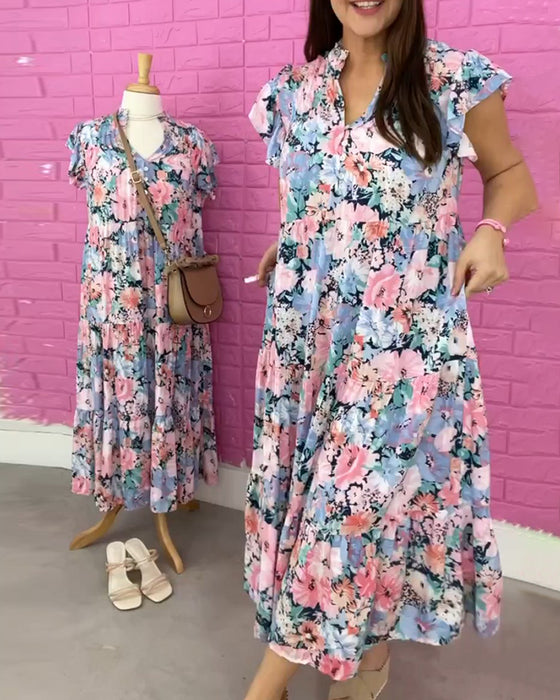 Robe décontractée à manches courtes et col en V à imprimé fleur